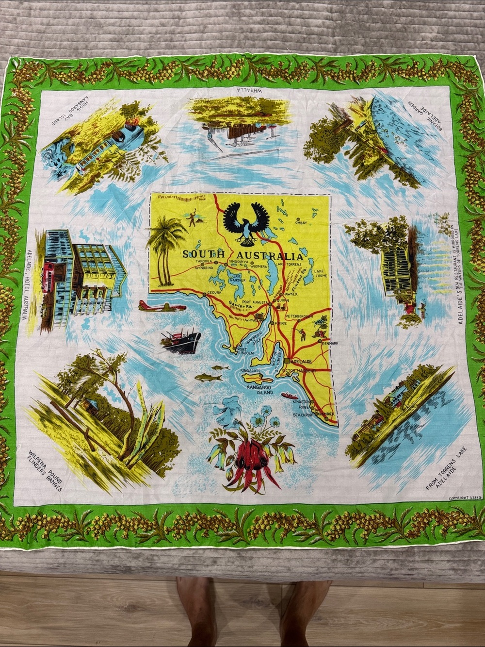 South Australia Vintage Souvenir Scarf - Green, Yellow & Blue